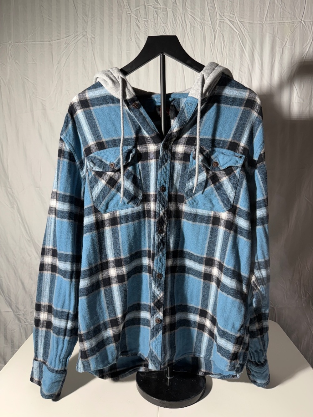 Quiksilver Blue Plaid Hooded Flannel Button Front Shirt Jacket Men’s Large